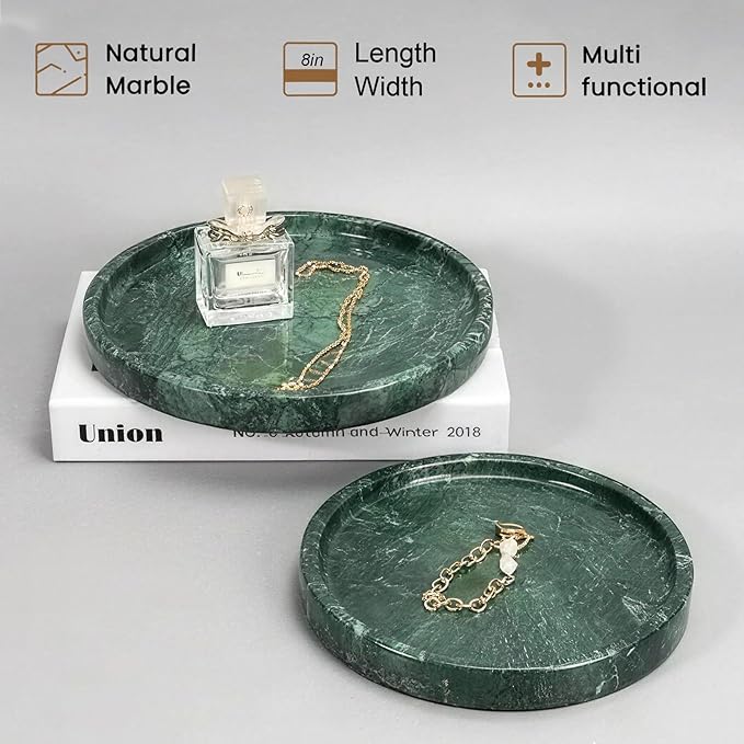 Natural Marble Tray, Round Green Tray for Bedroom/Bathroom/Kitchen/Vanity Countertop, Jewelry Tray for Rings Earrings Necklace Bracelet Watch, Room Decor Aesthetic