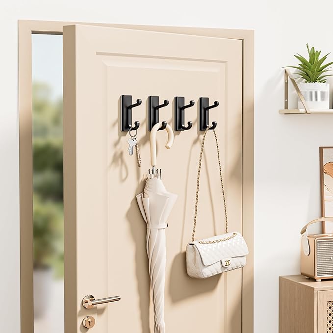 Self Adhesive Wall Hooks Black, Sticky Hangers Wall Mount, Holds 13Lbs for Clothes, Towel, Robes, Keys, Double Hooks for Bathroom, Bedroom and Door, 4 Pack.