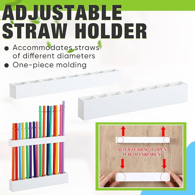 Baderke Straw Holder for Cabinet Reusable Straw Organizer with Double Sided Adhesive Tape Screws Storage Container for Kitchen Counter Cupboard (White,Novel)