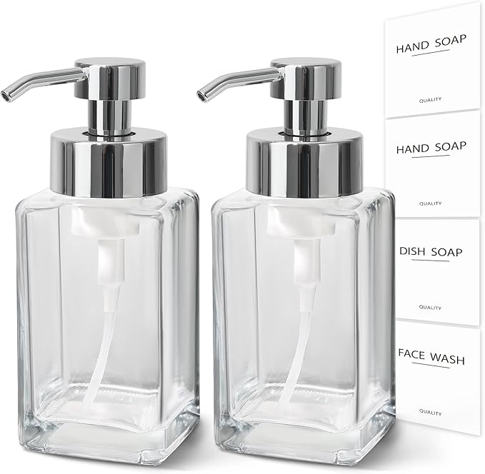 Foaming Soap Dispenser, 12oz/350ml Glass Hand Soap Dispenser Set, Refillable Foam Dispenser with Foaming Pump, Labels, Square Hand Dispenser for Bathroom, Kitchen 2 Pack