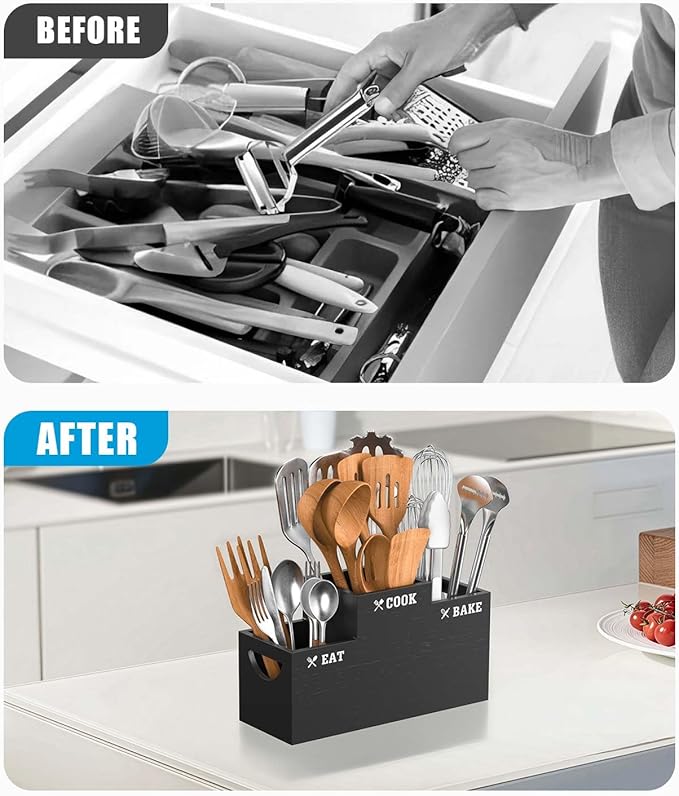 Livelab Utensil Holder with 3 Compartments, Wooden Utensil Holder for Kitchen Counter Decor, Vintage Farmhouse Cooking Flatware Countertop Organizer for Silverware Fork Spoon Spatula | Black