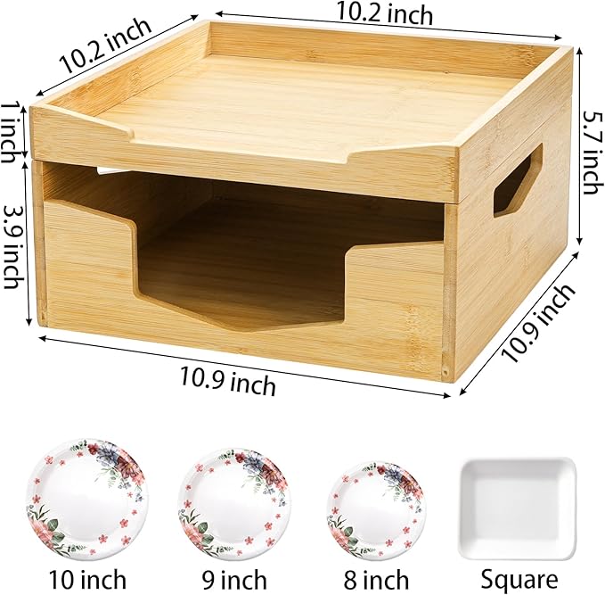 Yarlung Bamboo Paper Plate Dispenser Holder for 8-10 inch Plates and Air Fryer Liners, Portable Stackable Disposable Plates Organizer for Kitchen Cabinet and Countertop Storage