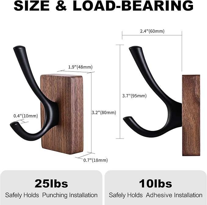 8 Pack Walnut Wood Wall Coat Hooks for Hanging, Adhesive Mounted & Wall Mount Heavy Duty Decorative Wooden Double Hook hanger for Towel Backpack Hat Jacket Clothes Blanket Purse Closet Robe Key