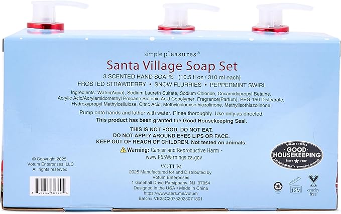 Simple Pleasures Christmas Holiday Village 3 Pack - Frosted Strawberry, Snow Flurries, Peppermint Swirl Scented Decorative Refillable Soap Dispensers for Kitchen Countertops and Bathroom Sinks
