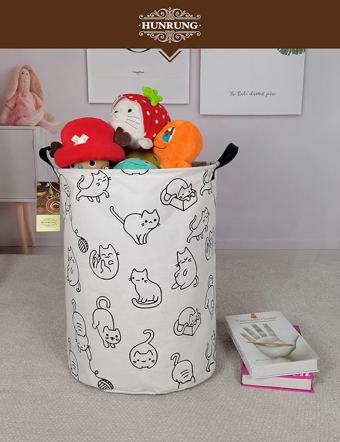 HUNRUNG Laundry Hamper,Large Canvas Fabric Lightweight Storage Basket Toy Organizer Dirty Clothes Collapsible Waterproof for College Dorms, Children Bedroom,Bathroomï¼Round catï¼