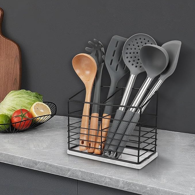 Utensil Holder for Kitchen Counter, Metal Utensil Holder Rack for Kitchen Countertop, Cooking Tools Storage for Spatula, Utensil Organizer with Marble Base, and Drainage Hole (Black Marble)