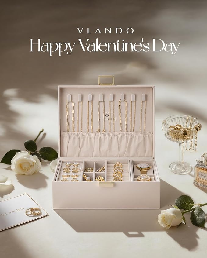 VLANDO 2 Layer Jewelry Boxes Large Jewelry Organizer for Women Removable Jewelery Tray for Watch Necklace Earrings Rings Bracelets Wedding Gifts Bride Gifts(Apricot White)