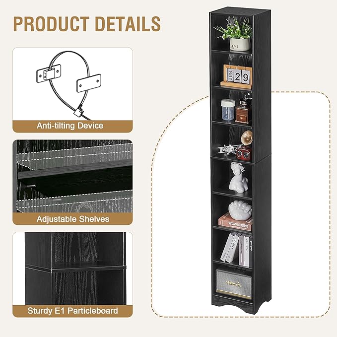 VECELO Narrow Tall 71 inch Adjustable Bookshelf - Customizable Shelf Heights, Elevated Dust/Moisture-Proof Base, Rustic Wood Display Shelf for Living Room Bedroom Small Spaces-Black