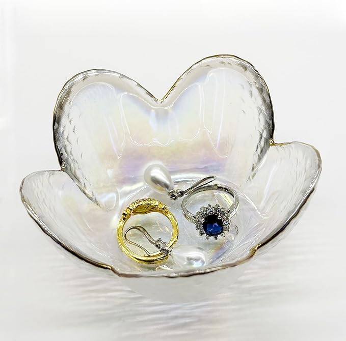 Flower Ring Dish Jewelry Tray, Glass Jewelry Dish Tray, Aesthetic Room Decor Small Trinket Dish, Nightstand Jewlery Ring Holder Dish, Bathroom Jewelry Plate Bowl for Rings Earrings Gift (White)