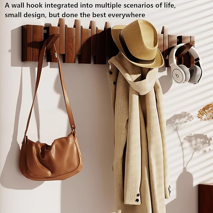 Wall Mounted Coat RackHooks Piano Key Hangers Natural Solid Wood Hanger Non-Woven Fabric Clothes Hangers for Closet, Kitchen, Bedroom, Bathroom, Entryway (Walnut, 10 Hooks)