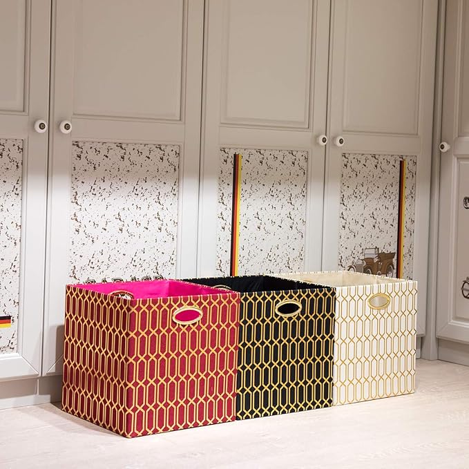 Posprica Storage Bins, Storage Cubes,13Ã13 Fabric Drawers Organizer Basket Boxes Containers (13Ã13Ã13/2pcs, Cream/gold geometry Pattern)