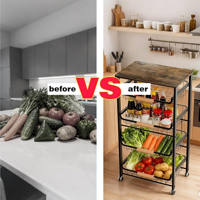 3-Layer Fruit Basket Kitchen Food Organizer and Rack Rolling Pantry Kitchen Cart On Wheels with Wood Top Table,Pull-Out Hollow Metal Basket for Sorting Spice Snacks Vegetables,Black