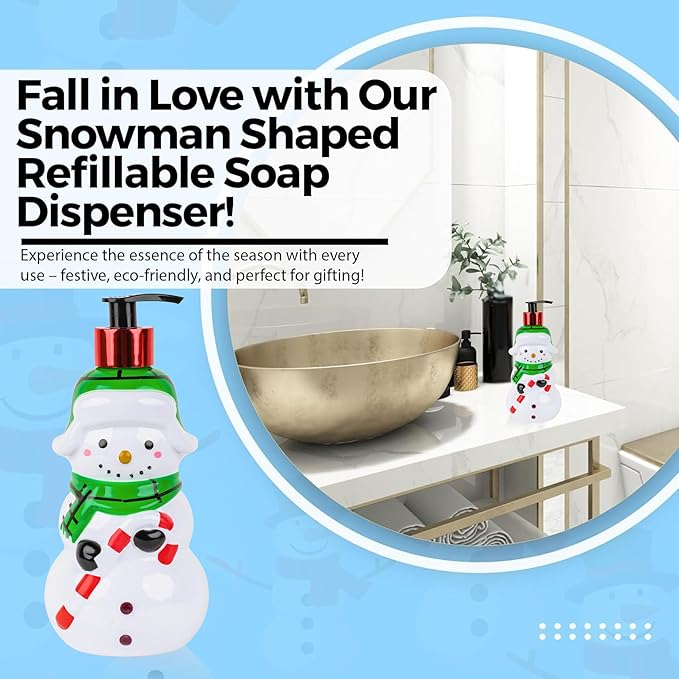 Simple Pleasures Snow Frosting Hand Soap Dispenser – 16.9 fl oz Refillable Holiday Soap, Ceramic Snowman Design with Candy Cane & Green Scarf – Festive Winter Bathroom & Kitchen Décor Gift