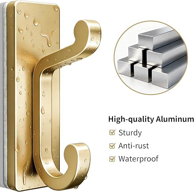 Gold Self Adhesive Wall Hooks for Coats - Stainless Heavy Duty Double Hook for Clothes, Towel, Keys, Purse, Backpack, Bag, Hat, 6 Pack Coat Hook for Door, Bathroom, Bedroom.