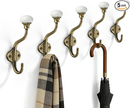 TUNNY Coat Hooks - 5 Pack Brushed Antique Brass Towel Hooks Robe Hooks Decorative Wall Hooks for Bathroom Bedroom Kitchen Towel Robe Clothes Cabinet Closet Bathroom Hardware