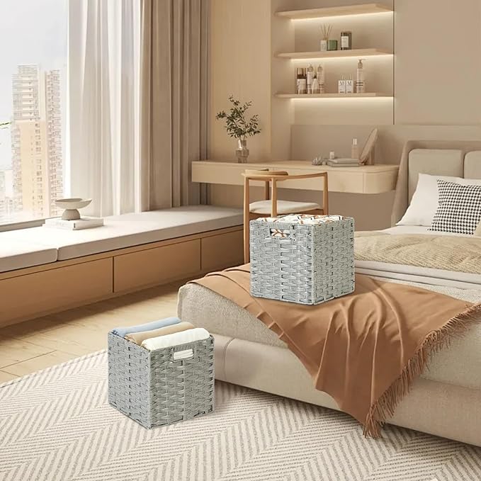DULLEMELO Wicker Baskets With Liner Set of 4, 11x11x11 Inch Collapsible Storage Bins, Decorative Organizing Baskets, Light Grey