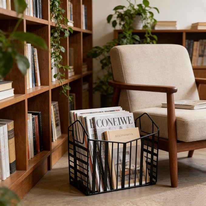 Metal Magazine Holder, Document File Rack with Handle, Newspaper Book Folder Mail Organizer Bin, Iron Wire Tablet Storage Basket Stand for Home Office Bathroom Bedroom Den Living Room, Black