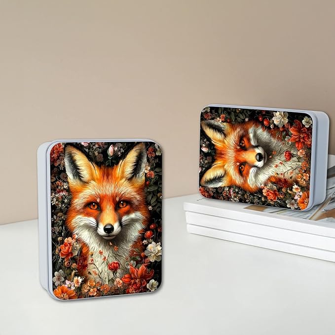 Metal Tin Box with Lid,Multi-functional Storage Box Can Store Tea Biscuits Game Cards, Playing & Tarot Cards-Comes with 4 Magnetic Cord Clips,Fox Surrounded by Flowers