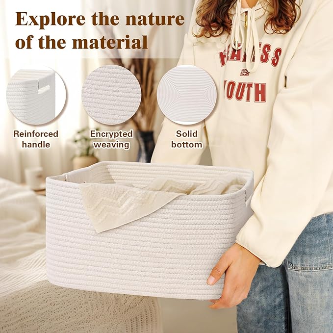 4 Pack Large Storage Basket for Organizing, 17.5"x13.5"x7.5" Woven Basket for Shelves, Closet Cube Storage Bins with Wrapped Handle, Cotton Rope Baskets for Kitchen, Clothes, Toys(Off White)