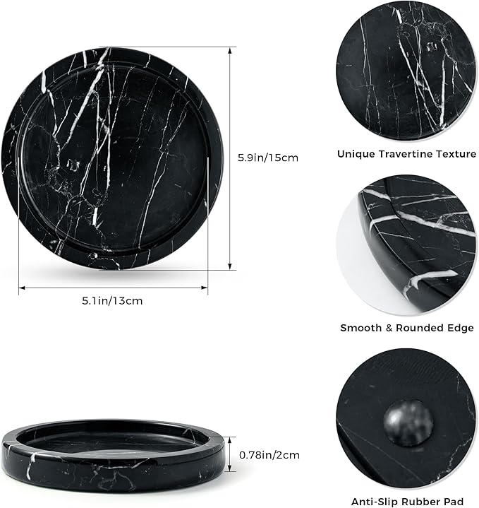 Natural Marble Tray for Rings and Jewelry Dish, 5.91 inch Round Decorative Tray for Kitchen, Vanity, Bathroom,Dressing Table, Bedside Table, Home Decor, Black (NS028)
