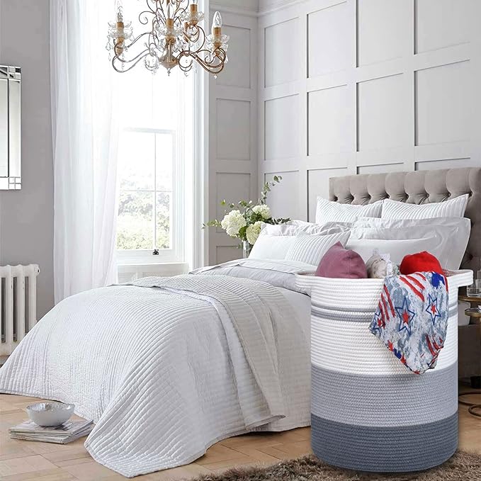 COMSE Extra Large Blanket Basket, Tall Laundry Basket, Nursery Hamper, 15.7âx 21.7â, Cotton Rope Woven Laundry Hamper for Storage Toys Clothes Towels, Gradient Gray