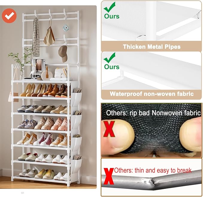 Shoe Rack 7 Tier Shoe Organizer Storage 21-28 Pairs Closet Shoes Rack for Front Door Entrance Shoe Rack Organizer with Hooks Side Pocket Entryway Large Capacity Shoe Shelf Tower Garage