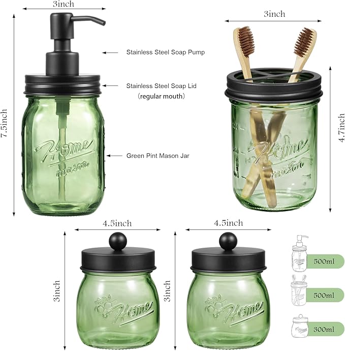 Amolliar 4PCS Bathroom Accessories Set (Lotion Soap Dispenser, Toothbrush Holder, 2 Qtip Holders), Rustic Farmhouse Decor, Green Glass Organizer for Countertop & Vanity, Bathroom Essentials, Black
