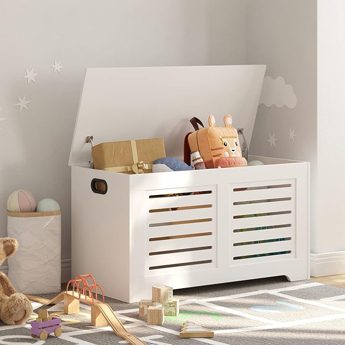 DINZI LVJ Storage Chest, 39.4âWooden Toy Box with 2 Safety Hinges, Retro Entryway Shoe Storage Bench with Flip-Top, Sturdy Large Storage Trunk for Living Room, Bedroom, Easy Assembly, White