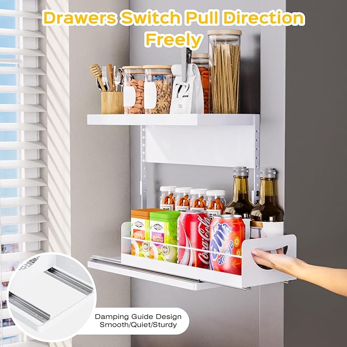 2 Tier Magnetic Storage Shelf with Pull Out Drawer, Height Adjustable Magnetic Organizer for Washing Machine & Fridge Side, No Drill Magnetic Rack for Laundry Room, Kitchen Storage (White)