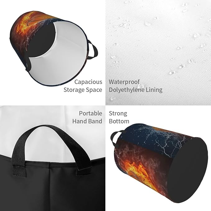 Sport Basketball Ball In Fire And Water Round Laundry Hamper Storage Basket Toys Clothes Organizer Bin For Home Bathroom Bedroom Dorm Nursery, 62l