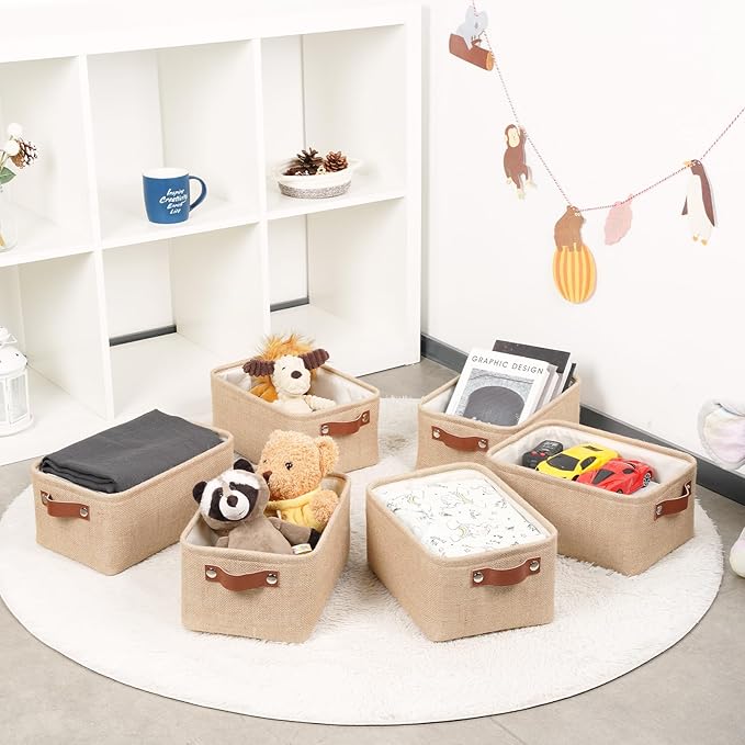 HNZIGE Collapsible Fabric Storage Bins Decorative Storage Baskets with Handles, Small Storage Boxes for Organizing Closet, Toys Foldable Storage Baskets for Shelves(11.8” x 7.8“ x 5.1” Line Yellow)