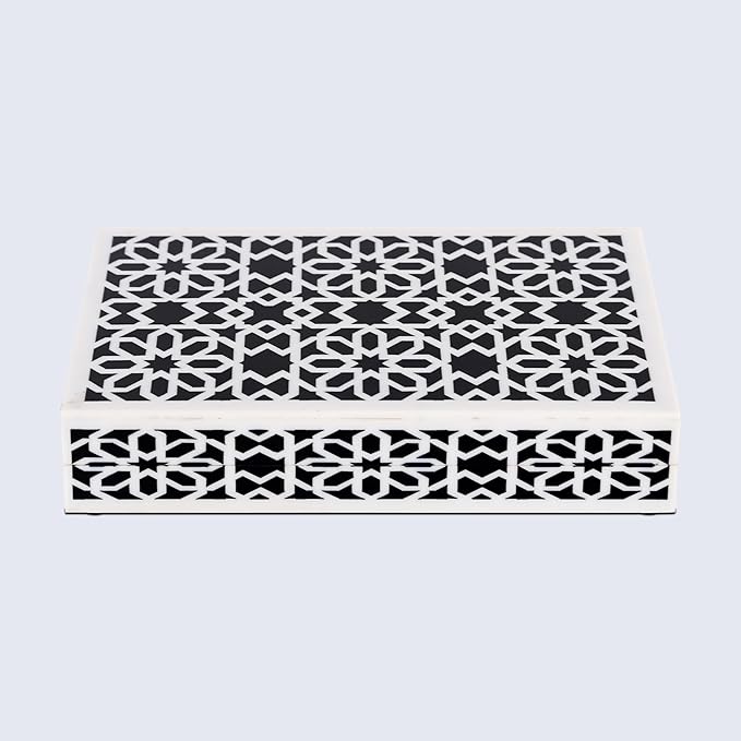 Handicrafts Home Decorative Storage Box with Lid – Black White Islamic Floral Geometry Remote Control Box, Slim Persian Mosaic Storage Box for Shelf, Desk & Living Room Decor – Shiraz 8 x 6 x 1.5