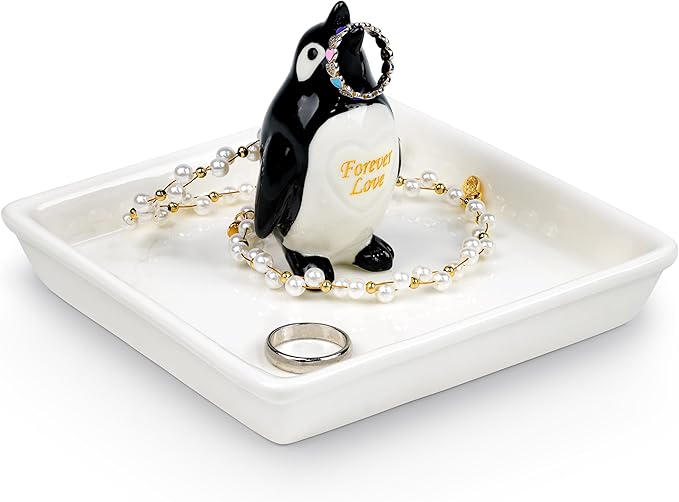 PUDDING CABIN Penguin Gifts for Women, Ring Holder Jewelry Tray, Penguin Figurine Forever Lover Anniversary Wedding Birthday Mothers Day Gifts for Girlfriend Wife FiancÃ©e Daughter Mom
