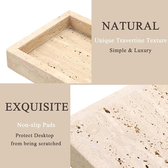 Hipiwe Natural Travertine Tray Vanity Decorative Tray Rectangular Perfume Trays Bathroom Countertop Storage Catchall Trays for Vanity Jewelry Trinket Candles Organizer, 9.8"x4.7"x1.2"