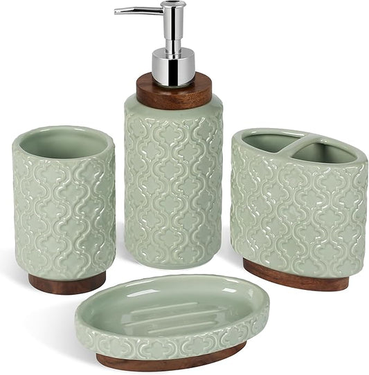 Elegant Bathroom Accessories Set 4 PCS Ceramic and Wood Bathroom Accessory Set Soap Dispenser Toothbrush Holder Tumbler Soap Dish Easy to Clean Quatrefoil Pattern Green