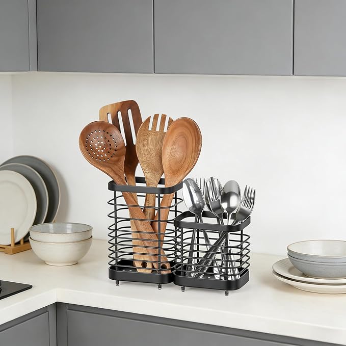 Utensil Holder, Stainless Steel Utensil Drying Rack for Kitchen Counter, Silverware Cutlery Flatware Holder Forks, Knives, Spoons, Chopsticks Organizer (Black, Tall & Short)