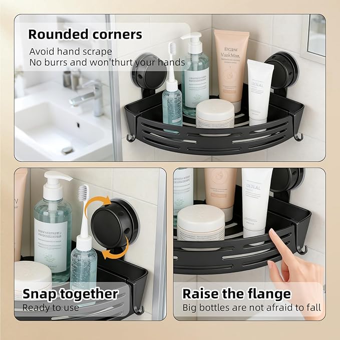 Corner Shower Caddy 3-Pack, No Drilling Adhesive Bathroom Shelf with Towel Bar & Hooks, Triangle Storage Organizer for Bathroom Kitchen RV, Fast Draining & Heavy Duty (Black)