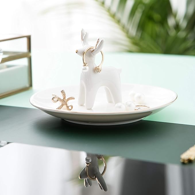 Kimdio Ring Holder Ceramic Christmas Deer Jewelry Tray Jewelry Dish Necklace and Earring Holder for Women Home Decor Gift for Christmas Birthday Wedding etc.