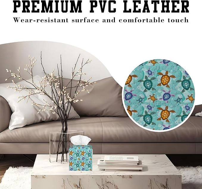 Tissue Box Holder Colorful Turtles on Sand Square Leather Tissue Box Cover Modern Cube Facial Paper Cover Case for Bathroom Vanity Countertop Night Stands Tabletop