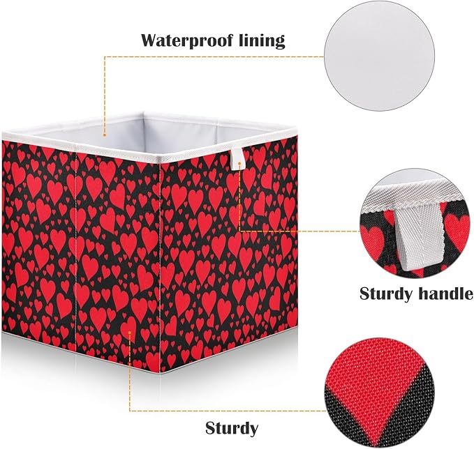 Bolaz Eamless Pattern With Red Hearts Closet Organizers Storage Cubes Storage Bins Shelf Baskets Containers for Home Room Office,Square