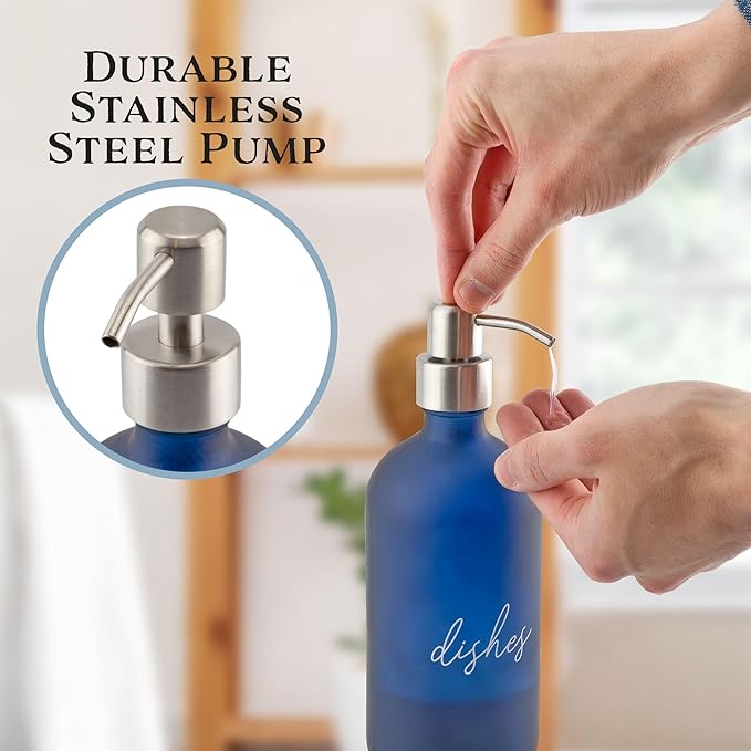 Cornucopia Brands 16oz Hands Dishes Pump Bottles (Blue, Set of 2); Frosted Blue Pump Dispensers for Kitchen and Home