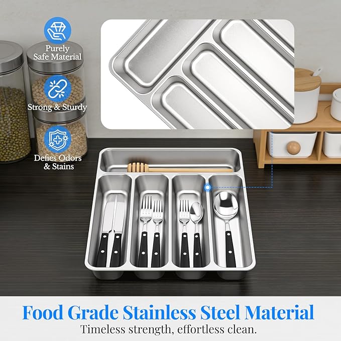 IKOCO 2-Pack Silverware Organizers Stainless Steel Kitchen Drawer Organizer with 5 Compartments, Dishwasher Safe for Spoons Forks Knives (13.8”x11.4”, Silver)