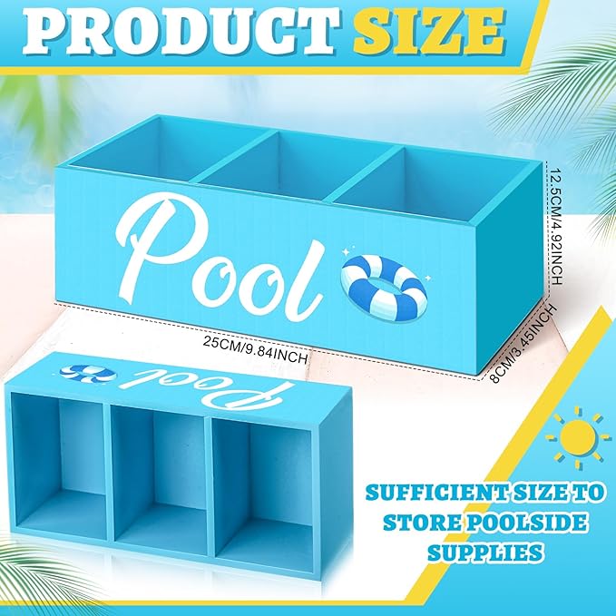 Pool Storage Basket Blue Summer Wooden Box with 3 Compartments Toilet Tank Tray for Indoor Outdoor Swimming Pool Decor Sunblock Sunglasses Beach Toy Storage Box