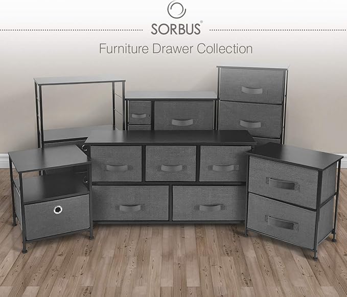 Sorbus Nightstand with 4 Drawers - Bedside Furniture & Night Stand End Table Dresser with Steel Frame, Wood Top, Easy Pull Fabric Bins for Home, Bedroom Accessories, Office & Dorm