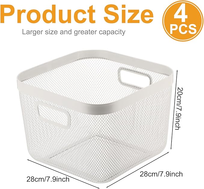 4 Pack Metal Mesh Basket with Hollow Handles White Wire Storage Bin for Organizing Stackable Metal Fine Mesh Basket for Pantry Bathroom Kitchen Cabinets Shelves (Large)