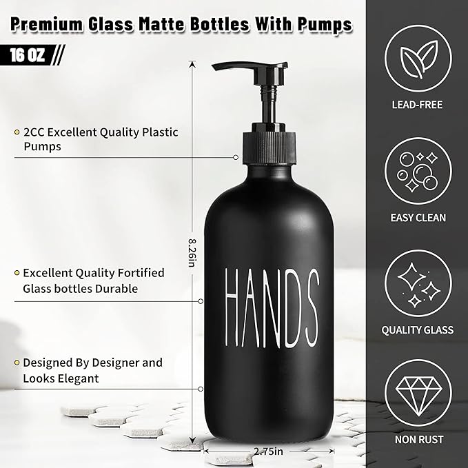 Glass Soap Dispenser Set 2 Pack,Contains Hand and Dish Soap Dispenser.Premium 16 Oz Black Kitchen Soap Dispenser Set for Kitchen Sink and Farmhouse Decor