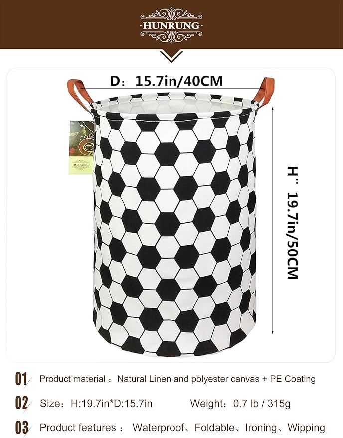 HUNRUNG Laundry Hamper,Large Canvas Fabric Lightweight Storage Basket Toy Organizer Dirty Clothes Collapsible Waterproof for College Dorms, Children Bedroom,Bathroomï¼Roud-Footballï¼