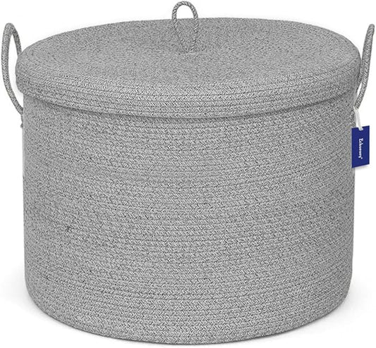 21" x 18" Extra Large storage baskets,Decorative blanket basket with lid for Living room,rope baskets with lid,wicker hamper for bedroom,Big,Round,Grey