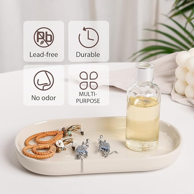 Ceramic Jewelry Tray â Oval Vanity Dish for Rings, Earrings, Bracelets â Minimalist Decorative Trinket Holder for Dresser, Bathroom, Nightstand â Cream White