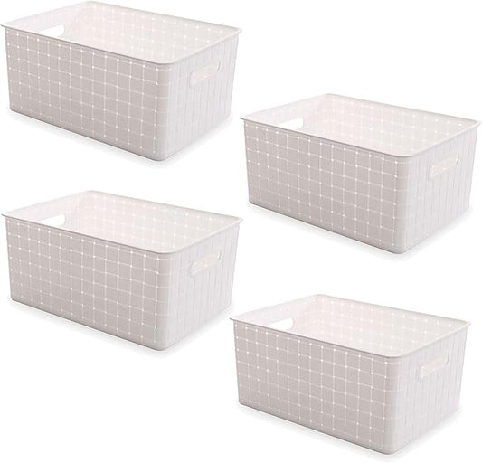 BINO Plastic Basket, Medium - White, 4 Pack, THE STABLE COLLECTION, Multi-Use Storage Basket, Rectangular Cabinet Organizer, Baskets for Organizing with Handles, Home & Office Storage Organizer